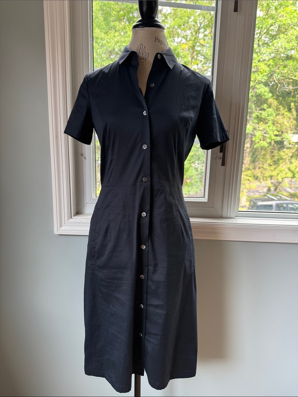 Theory black stretch cotton fitted short sleeve shirt midi dress small size 6 - Picture 3 of 10